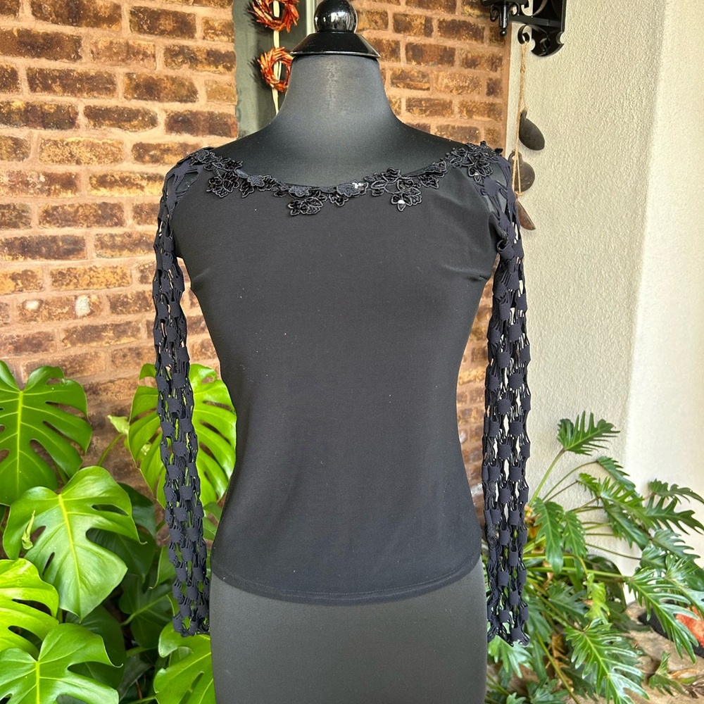 Vintage Black Floral Lace Sleeve Blouse with classic sequin detailing